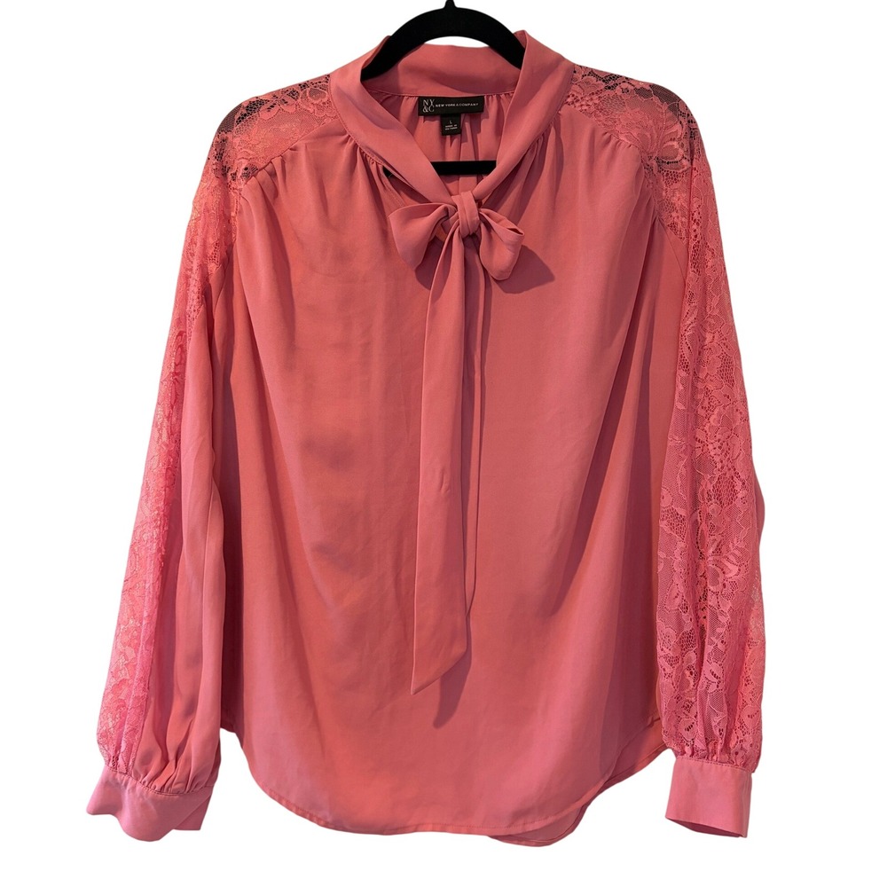 Lace Trim Bow Front V-neck Blouse NY&C Long Sleeve Work Lightweight L